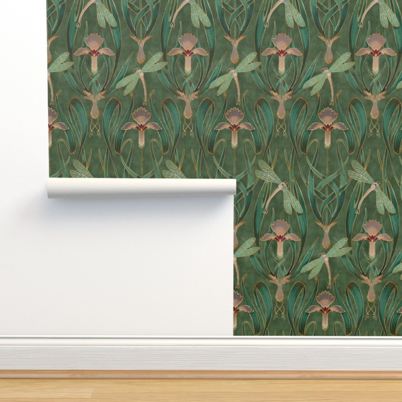 Art Nouveau Deco Emerald Green Nature Floral Lillies 1920S Custom Removable Wallpaper by Spoonflower Peel & Stick Wallpaper 2FT Wide